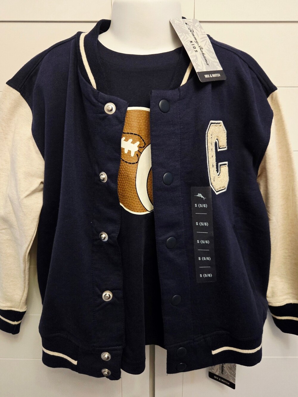 Tommy Bahama Boys Varsity Jacket & Shirt Set Sz 5/6 Navy Football Fall Sports